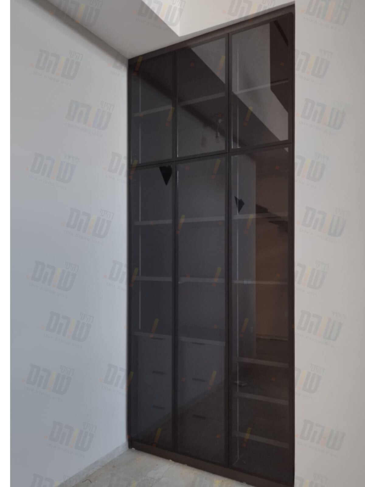 ארון פתיחה בעל חזית זכוכית כהה עם חלוקה סימטרית במסגרת דקה, ליצירת מראה מודרני ונקי.