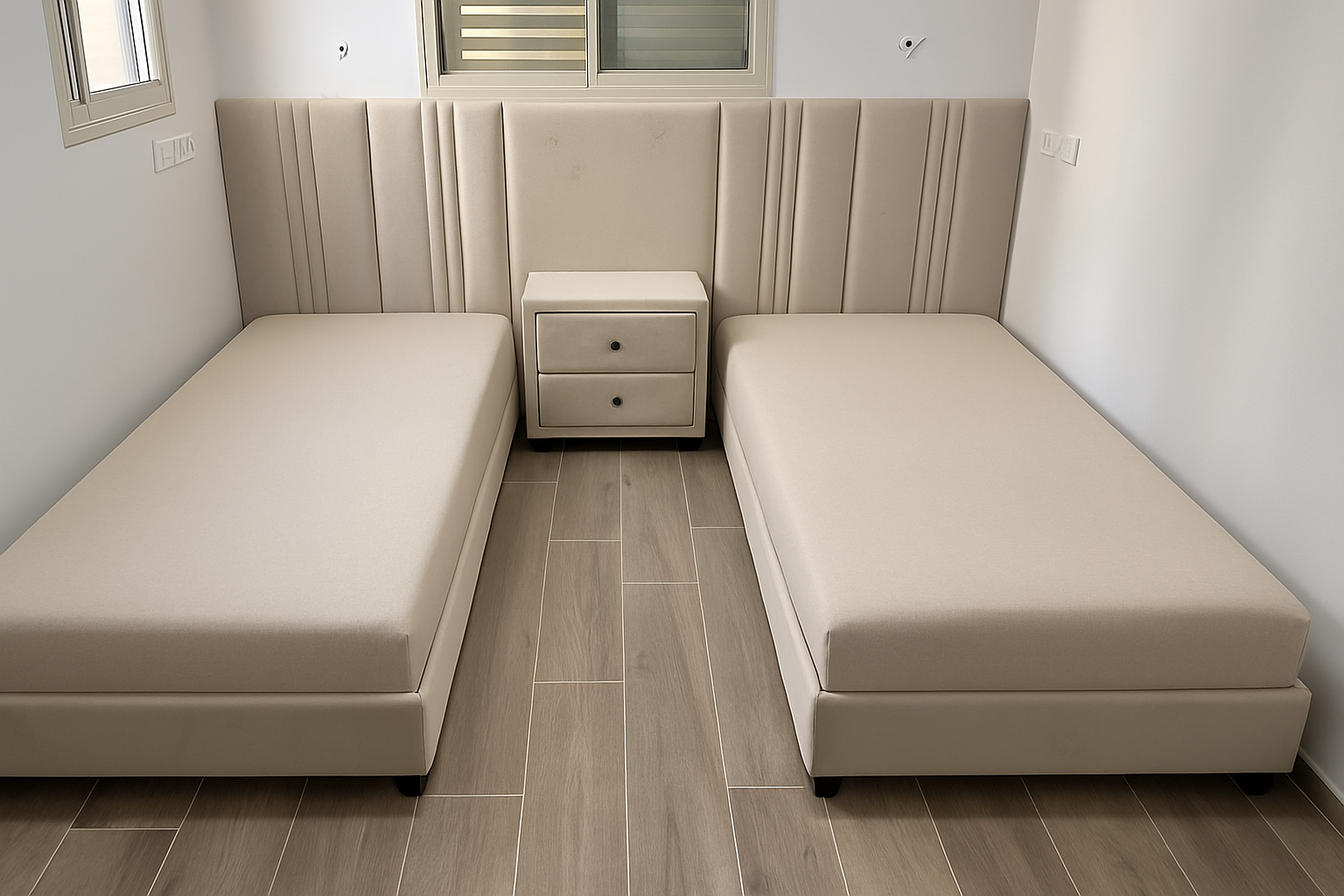 חדר שינה עם שתי מיטות יחיד מרופדות, ראש מיטה רציף בקווים אנכיים ושידת לילה תואמת