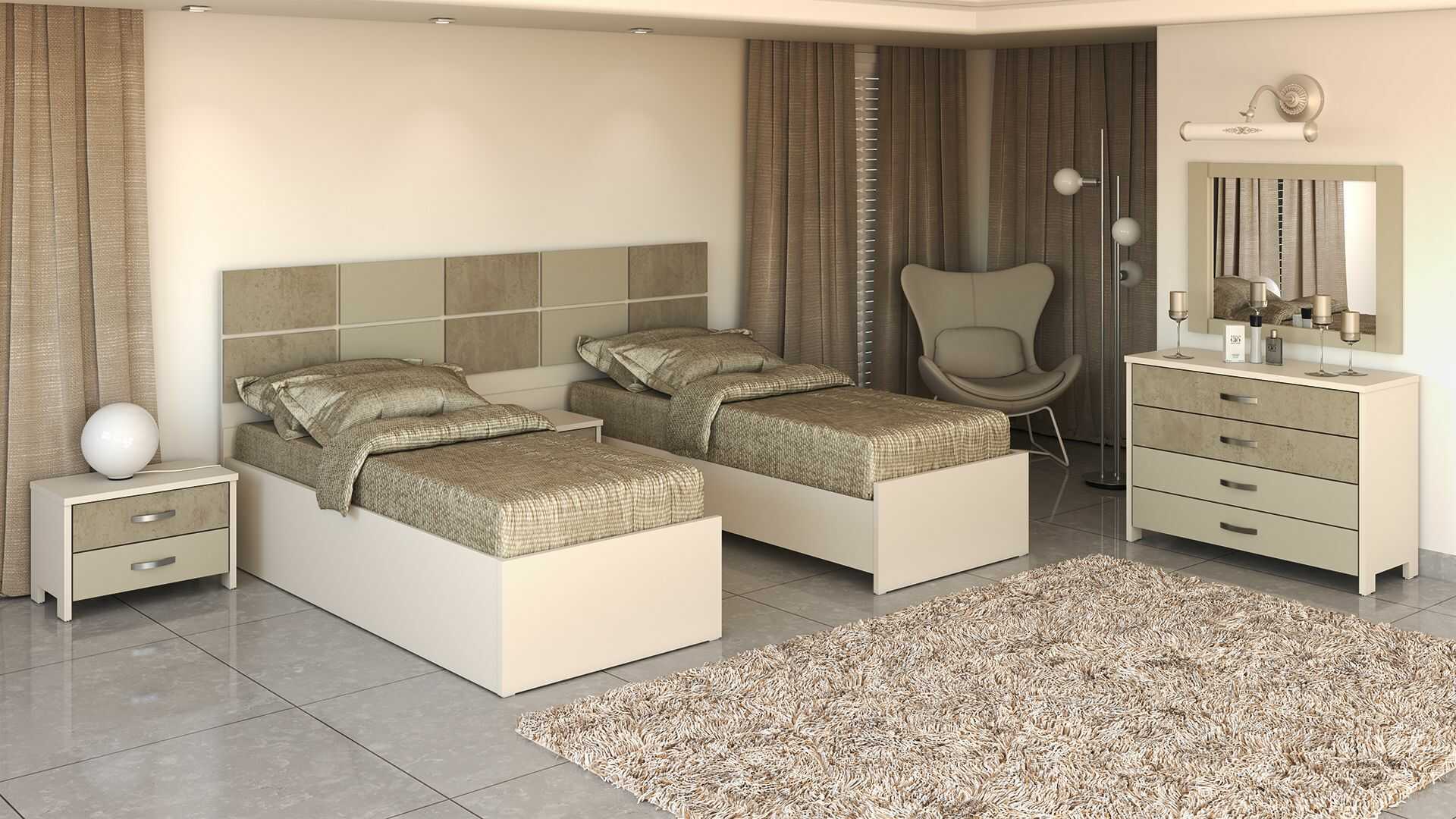 מיטות חדר שינה מעץ עם שילוב ראש מיטה אחיד בעיצוב פאנלים מעוצבים