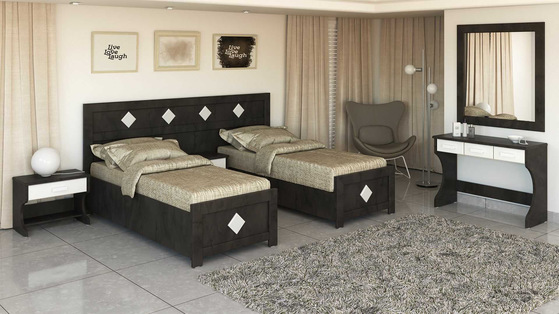 מיטות חדר שינה מעץ עם שילוב ראש מיטה אחיד בעיצוב קלאסי ונקי