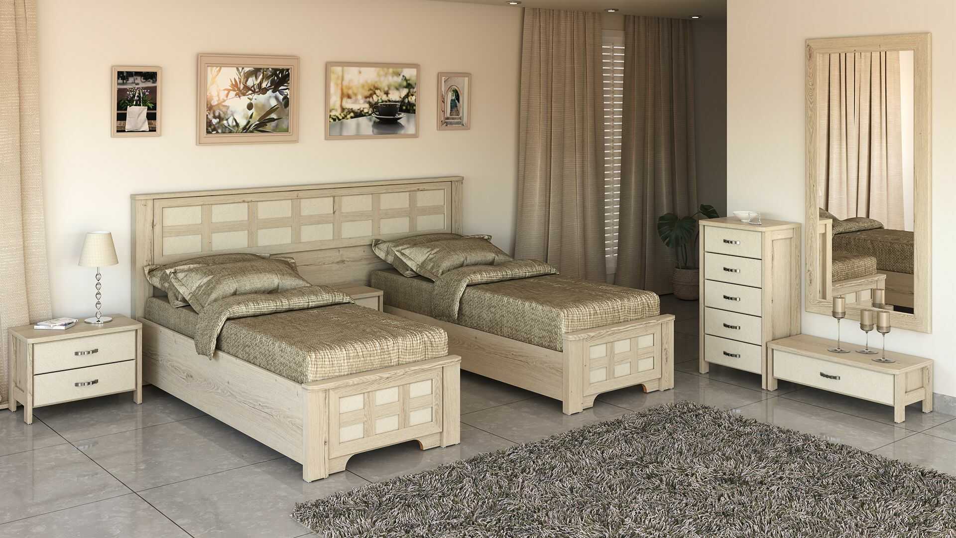 מיטות חדר שינה מעץ בעיצוב קלאסי עם ראש מיטה אחיד בדיגום מלבנים גיאומטרי