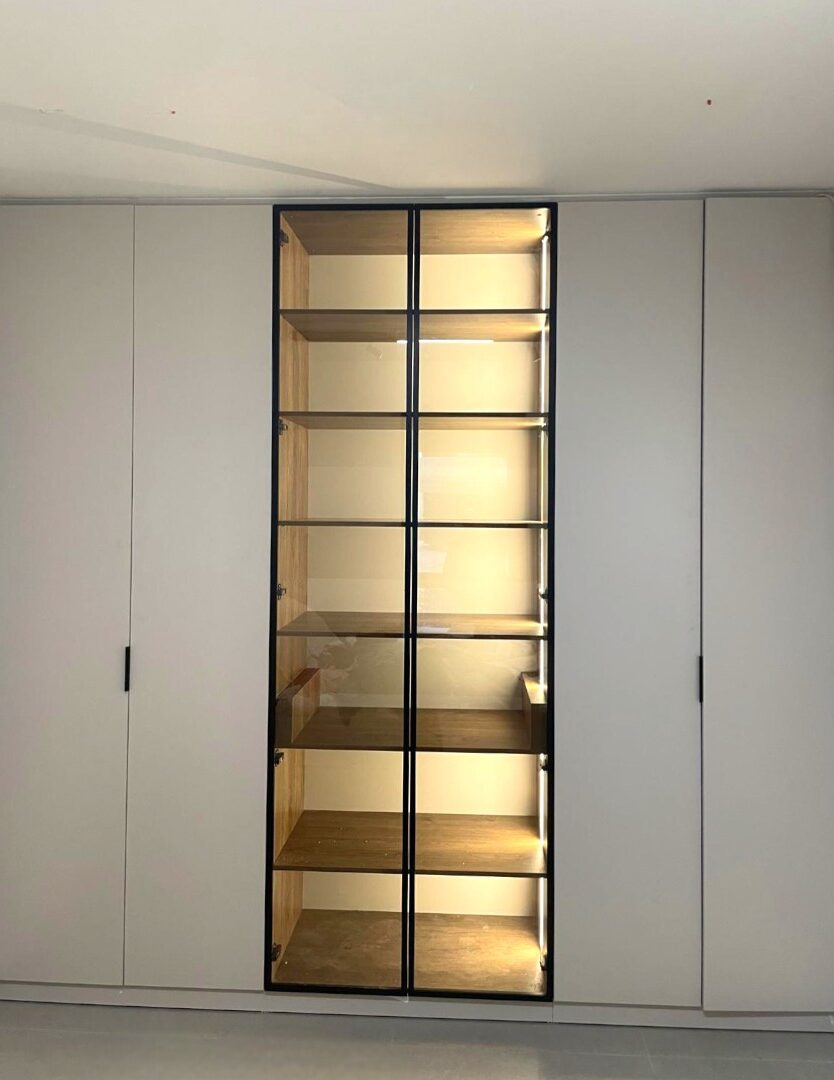 ארון דלתות סגורות בגוון גרייז' בהיר עם ידיות שחורות עדינות, המקיפות יחידת ויטרינה מרכזית עם דלתות זכוכית שקופה במסגרת שחורה דקה. בתוך הוויטרינה משולבים מדפי עץ ותאורת לד פנימית אנכית, המעניקים עומק וניגודיות עיצובית למראה הנקי של הארון