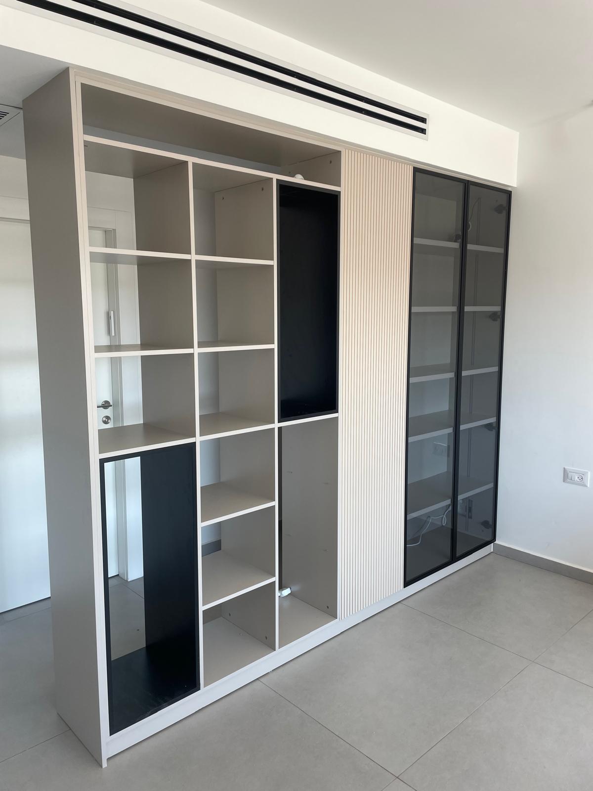 ארון מעוצב המשלב פונקציונלית ועיצוב, כוורת מדפים פתוחה בגוון גרייז' עם נגיעות שחורות, לצד ארון אחסון סגור עם חזית מחורצת וויטרינת זכוכית כהה עם מסגרת שחורה. העיצוב משלב בין תצוגה פתוחה לאחסון נסתר במראה מודרני ונקי.